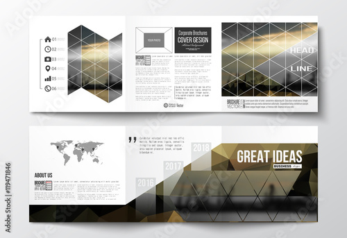 Set of tri-fold brochures, square design templates. Abstract colorful polygonal background with blurred image, seaport landscape, modern stylish triangular and hexagonal vector texture.