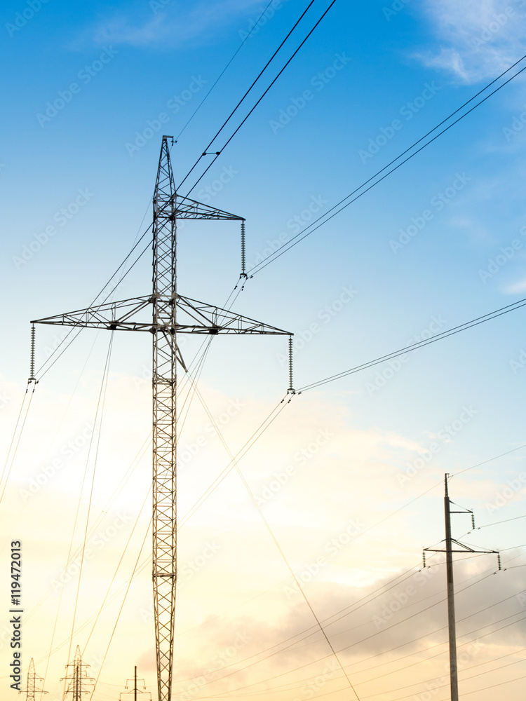 Power line on background of blue sky Power line on background of blue sky