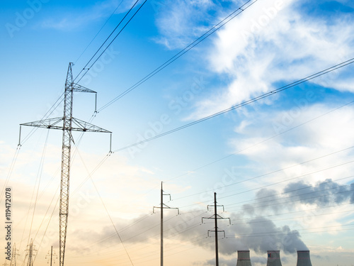 Power line on background of blue sky