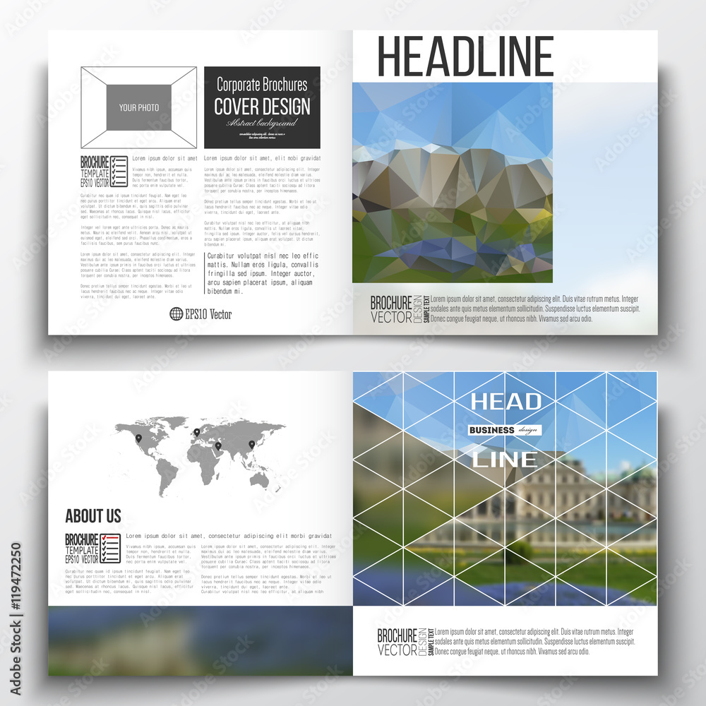 Set of square design brochure template. Polygonal background, blurred image, park landscape, modern stylish vector texture