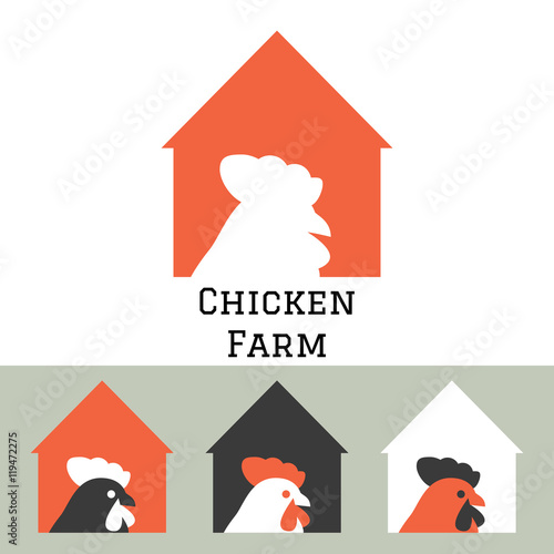 Chicken farm house logo concept with hen head silhouette. Poultry household production.