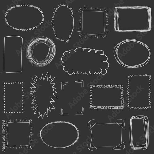 Collection of decorative white hand drawn frames on grey background. Simple, grunge, sketch and doodle style. Use for scrapbooking, decoration, advertising, web, posters etc. Vector illustration