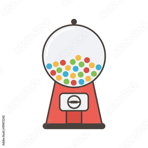 Outlined red vending machine with gumballs, candies, sweets isolated on white background.