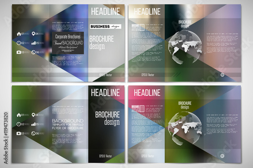 Set of tri-fold brochure design template on both sides with world globe element. Abstract multicolored background, blurred nature landscapes, geometric vector, triangular style illustration