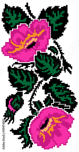Color image of flowers (poppies) using traditional Ukrainian embroidery elements. Can be used as pixel-art.