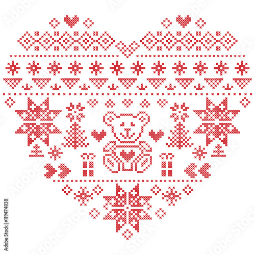 Heart Shape Scandinavian Printed Textile  style and inspired by  Norwegian Christmas and festive winter seamless pattern in cross stitch with Christmas tree, snowflakes, bear , hearts on white
