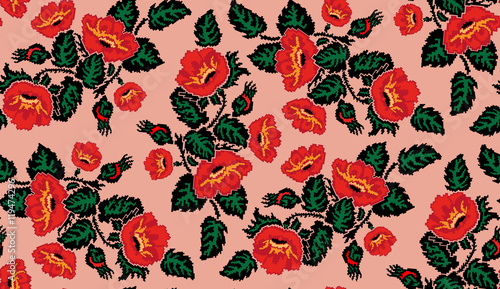 Floral pattern. Poppies on the pastel orange background. Ukrainian style. Can be used as pixel art. photo