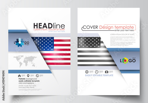 Business templates for brochure, magazine, flyer, booklet or annual report. Cover design template, easy editable blank, abstract flat layout in A4 size. Patriot Day background with american flag.