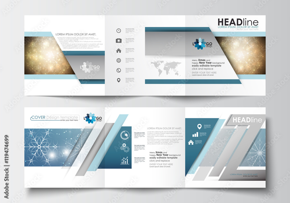 Set of business templates for tri-fold brochures. Square design. Leaflet cover, abstract flat layout, easy editable blank. Christmas decoration, vector background with shiny snowflakes, stars