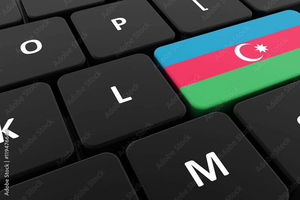 Computer keyboard, close-up button of the flag of Azerbaijan. 3D render of a laptop keyboard Computer keyboard, close-up button of the flag of Azerbaijan. 3D render of a laptop keyboard