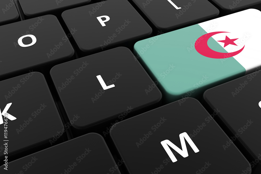 Computer keyboard, close-up button of the flag of Algeria. 3D render of a laptop keyboard Computer keyboard, close-up button of the flag of Algeria. 3D render of a laptop keyboard