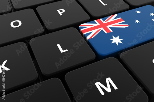 Computer keyboard, close-up button of the flag of Australia. 3D render of a laptop keyboard