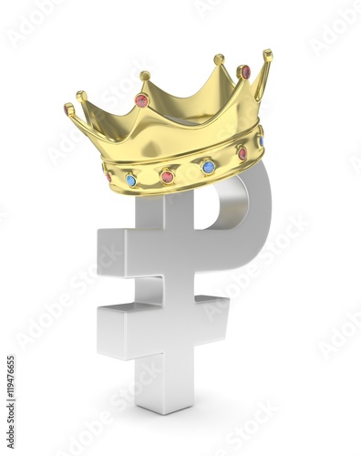 Isolated silver ruble sign with golden crown on white background. Russian currency. Concept of investment, russian market, savings. Power, luxury and wealth. Russia, Belarus. 3D rendering.
