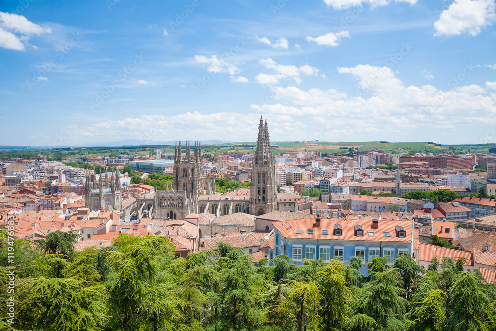 Fototapeta premium high view panorama cityscape of Burgos city, with famous gothic catholic cathedral St Mary or Santa Maria, monument from XIII Century, in Castile and Lion, Spain Europe 
