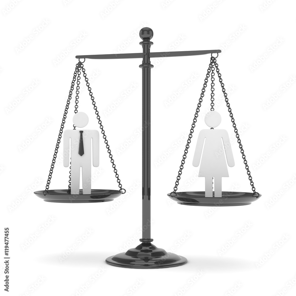 Isolated old fashioned pan scale with man and woman on white background. Gender inequality. Equality of sexes. Law issues. Silver model. 3D rendering. Isolated old fashioned pan scale with man and woman on white background. Gender inequality. Equality of sexes. Law issues. Silver model. 3D rendering.