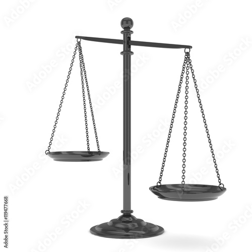 Isolated black scales on white background. Symbol of judgement. Law, measurement, liberty in one concept. 3D rendering.