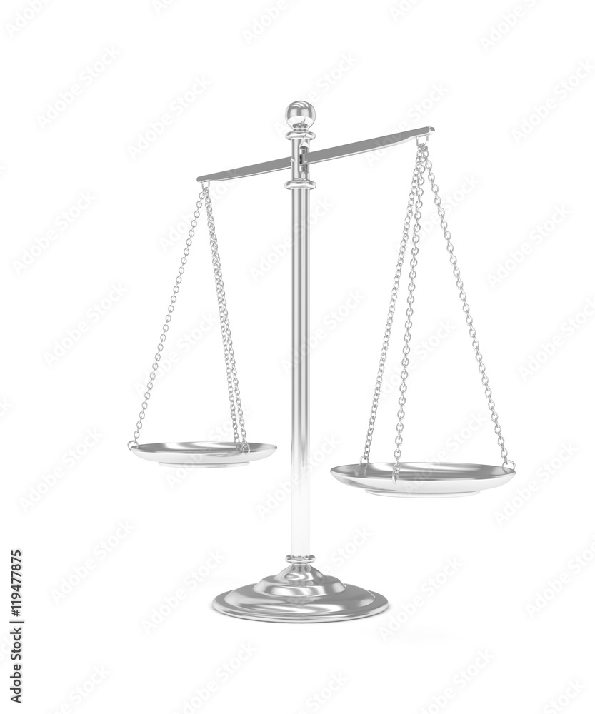 Isolated white silver scales on white background. Symbol of judgement. Law, measurement, liberty in one concept. 3D rendering. Isolated white silver scales on white background. Symbol of judgement. Law, measurement, liberty in one concept. 3D rendering.