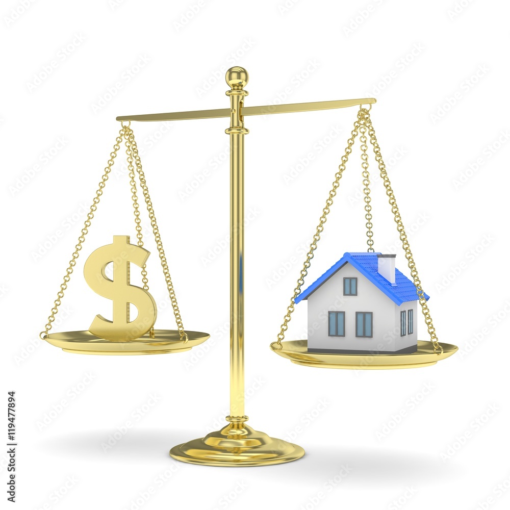 Isolated golden scales with golden dollar and house on white background. Investment or savings concept. Real estate and currency. 3D rendering. Isolated golden scales with golden dollar and house on white background. Investment or savings concept. Real estate and currency. 3D rendering.