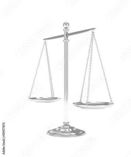 Isolated white silver scales on white background. Symbol of judgement. Law, measurement, liberty in one concept. 3D rendering.