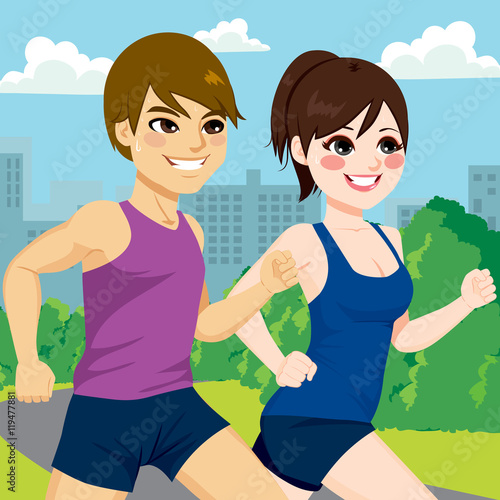 Young athlete couple jogging together at park trail