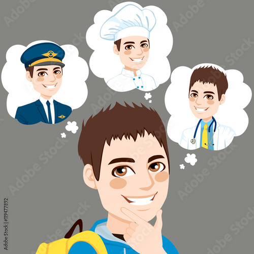 Boy thinking about career options choice with speech bubble