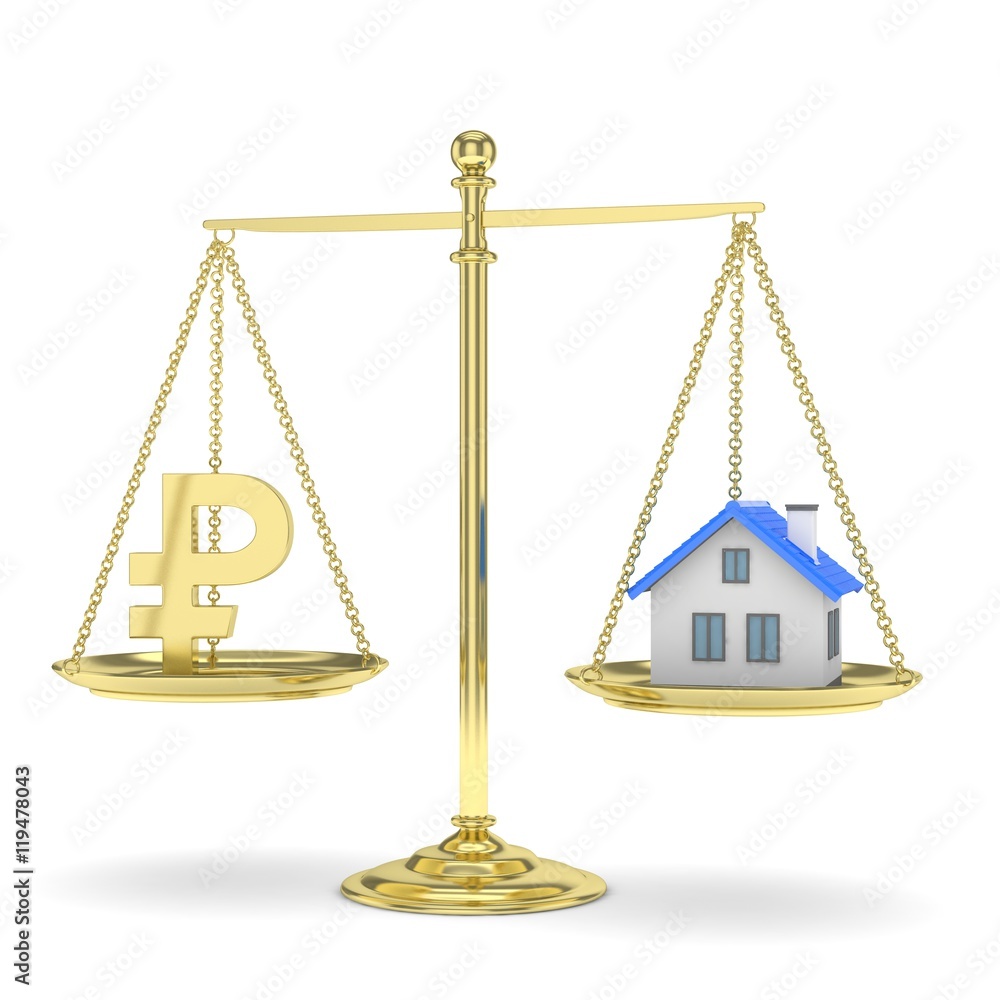 Isolated golden scales with golden rouble and house on white background. Investment or savings concept. Real estate and currency. 3D rendering. Isolated golden scales with golden rouble and house on white background. Investment or savings concept. Real estate and currency. 3D rendering.