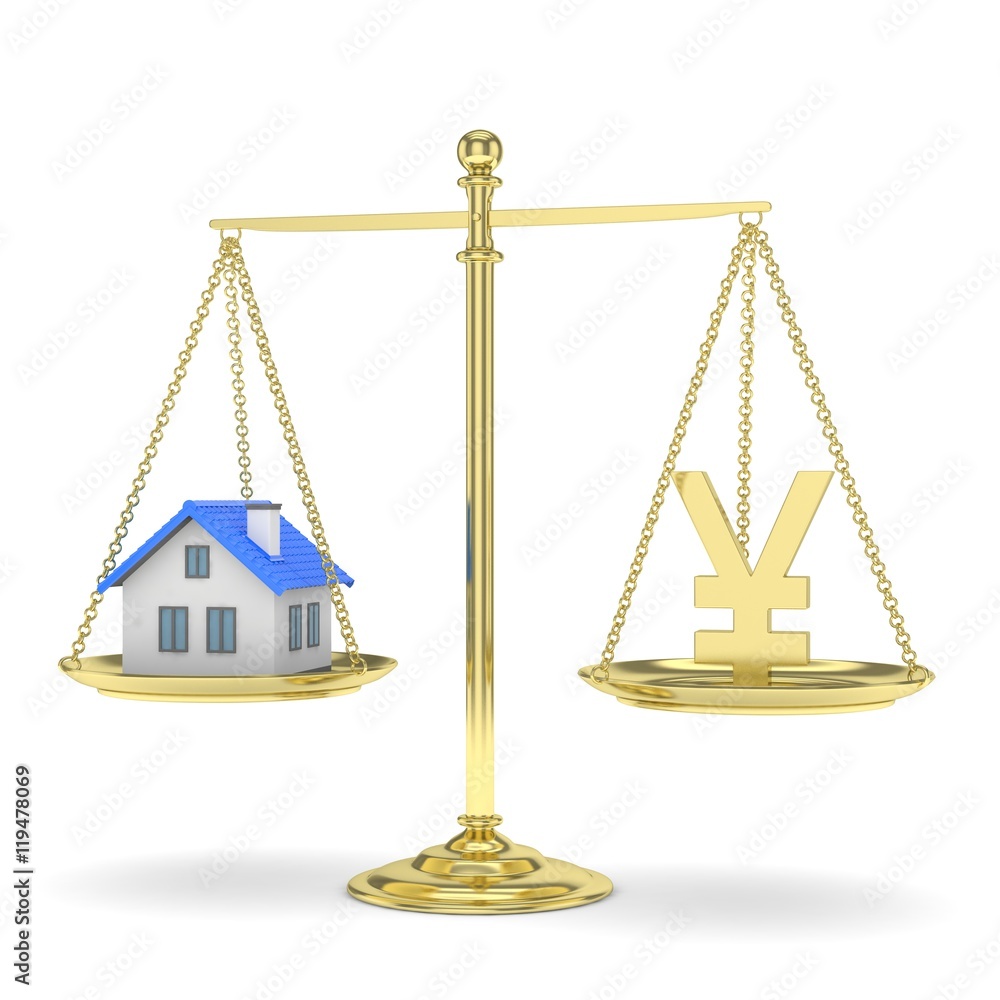 Isolated golden scales with golden yuan and house on white background. Investment or savings concept. Real estate and currency. 3D rendering. Isolated golden scales with golden yuan and house on white background. Investment or savings concept. Real estate and currency. 3D rendering.