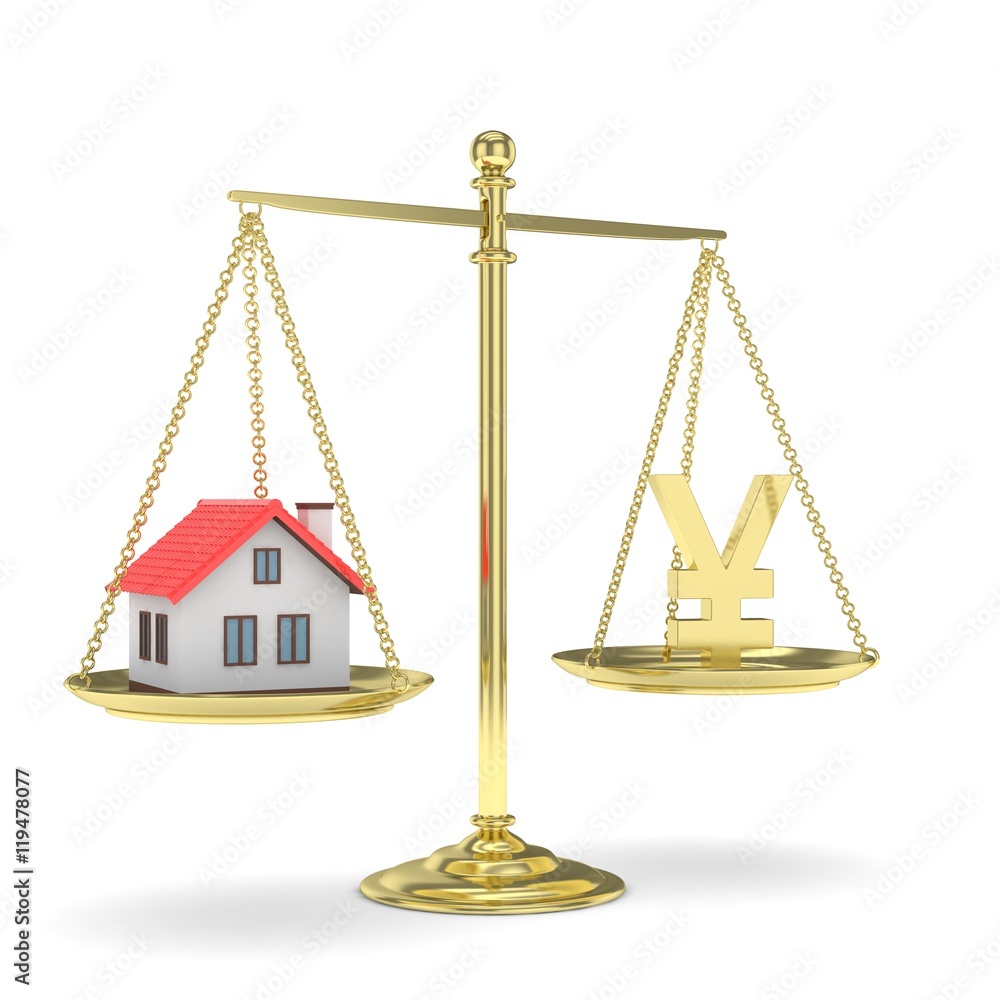 Isolated golden scales with golden yuan and house on white background. Investment or savings concept. Real estate and currency. 3D rendering. Isolated golden scales with golden yuan and house on white background. Investment or savings concept. Real estate and currency. 3D rendering.