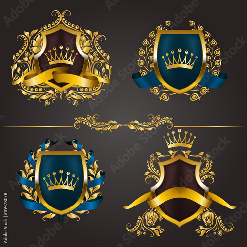 Set of golden royal shields for graphic design on background. Old frame, border, crown, floral element, ribbon, laurel wreath in vintage style for icon, label, emblem, badge, logo. Illustration EPS10