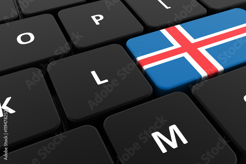 Computer keyboard, close-up button of the flag of Iceland. 3D render of a laptop keyboard
