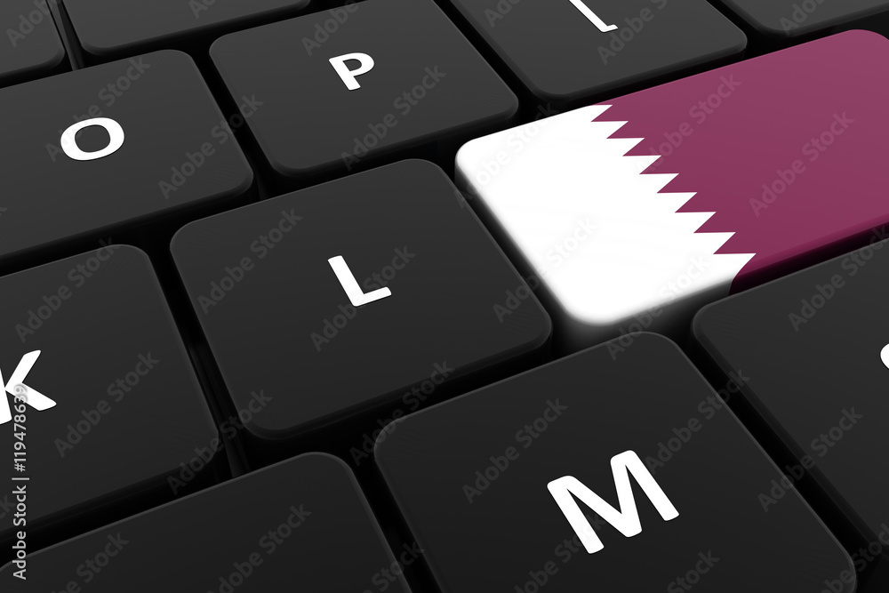 Computer keyboard, close-up button of the flag of Qatar. 3D render of a laptop keyboard Computer keyboard, close-up button of the flag of Qatar. 3D render of a laptop keyboard