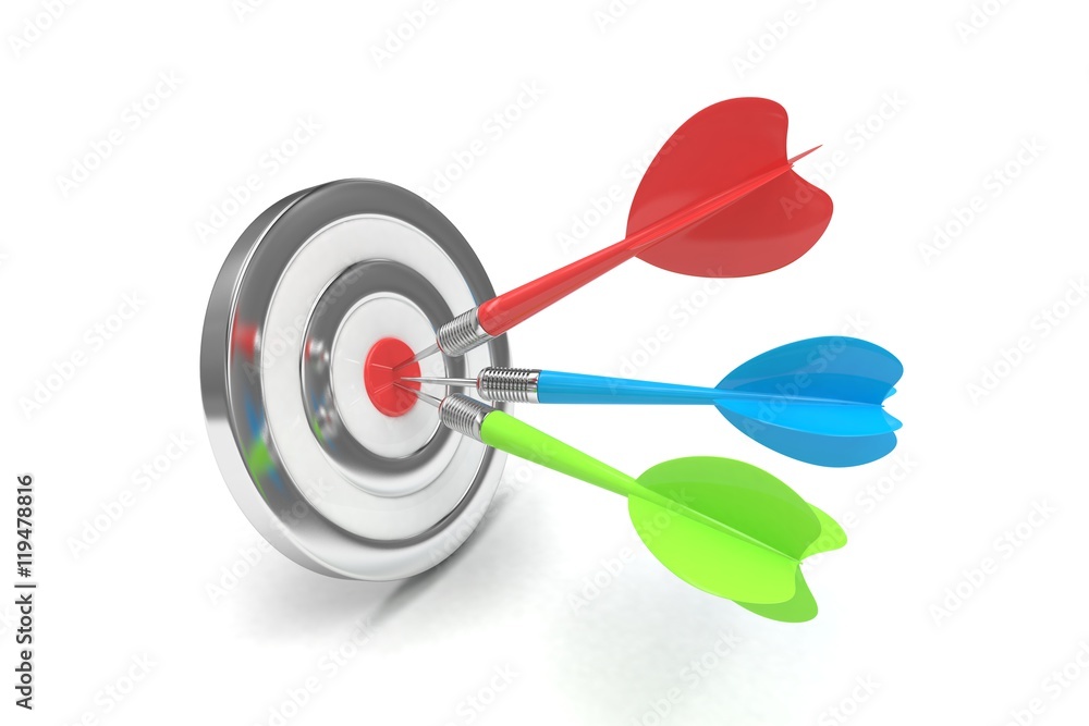 Three arrows darts in center. 3d rendering.