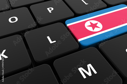 Computer keyboard, close-up button of the flag of North Korea. 3D render of a laptop keyboard