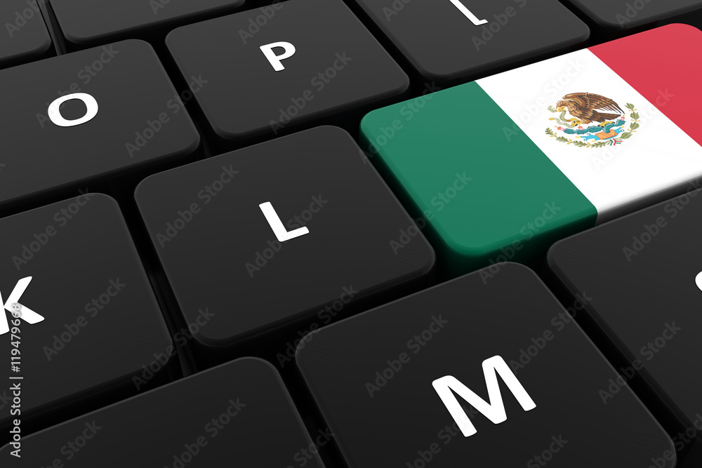 Computer keyboard, close-up button of the flag of Mexico. 3D render of a laptop keyboard Computer keyboard, close-up button of the flag of Mexico. 3D render of a laptop keyboard