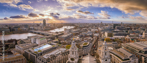 London  England - Panoramic Skyline view of central London taken from St.Paul s Cathedral at sunset