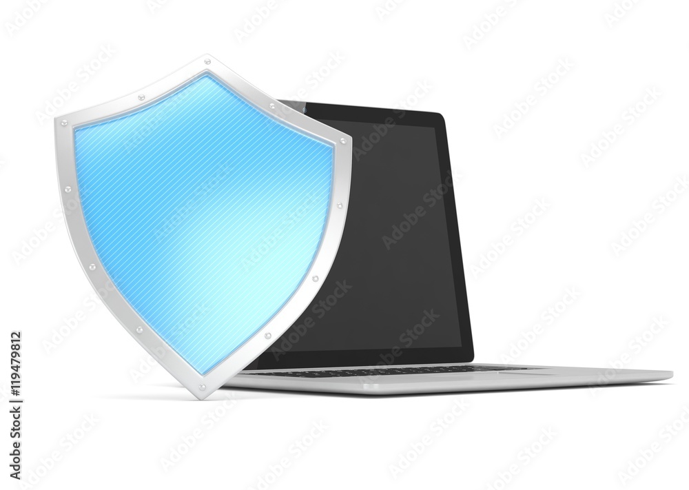 Laptop and shield on white, computer security concept. 3d rendering. Laptop and shield on white, computer security concept. 3d rendering.
