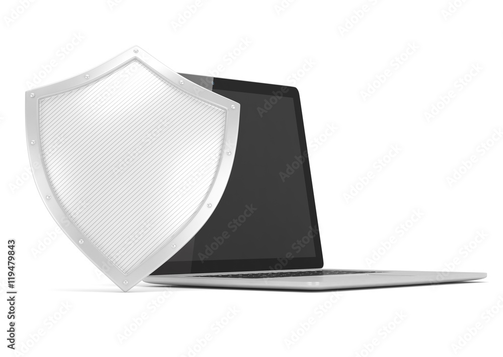 Laptop and shield on white, computer security concept. 3d rendering. Laptop and shield on white, computer security concept. 3d rendering.