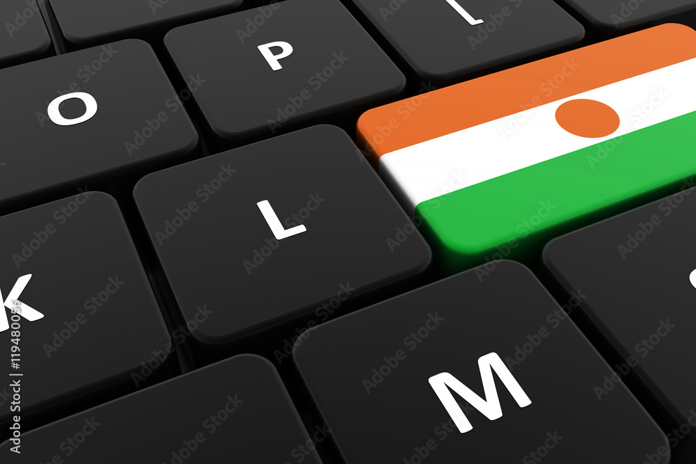 Computer keyboard, close-up button of the flag of Niger. 3D render of a laptop keyboard Computer keyboard, close-up button of the flag of Niger. 3D render of a laptop keyboard