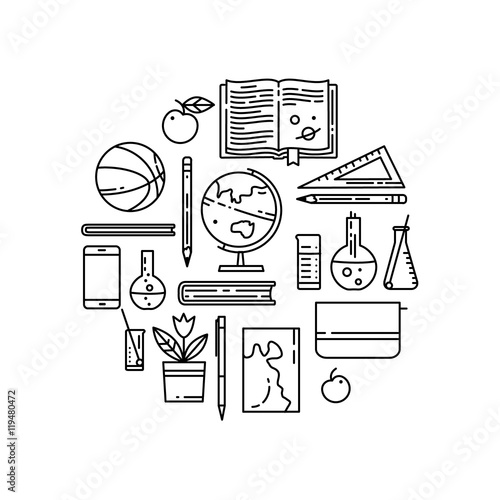 School flat line vector icons in round composition.