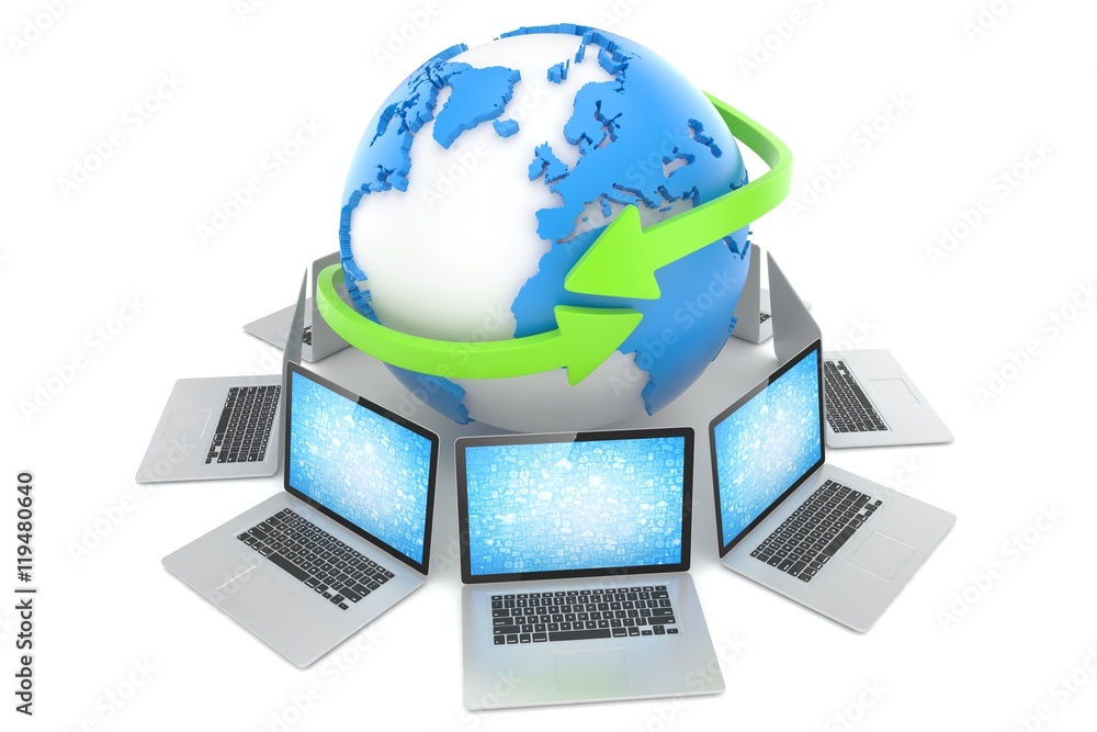 Laptop network around earth globe. 3d render Laptop network around earth globe. 3d render