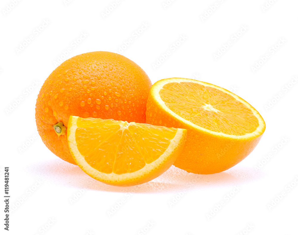 Orange fruit with drops isolated on white background Orange fruit with drops isolated on white background