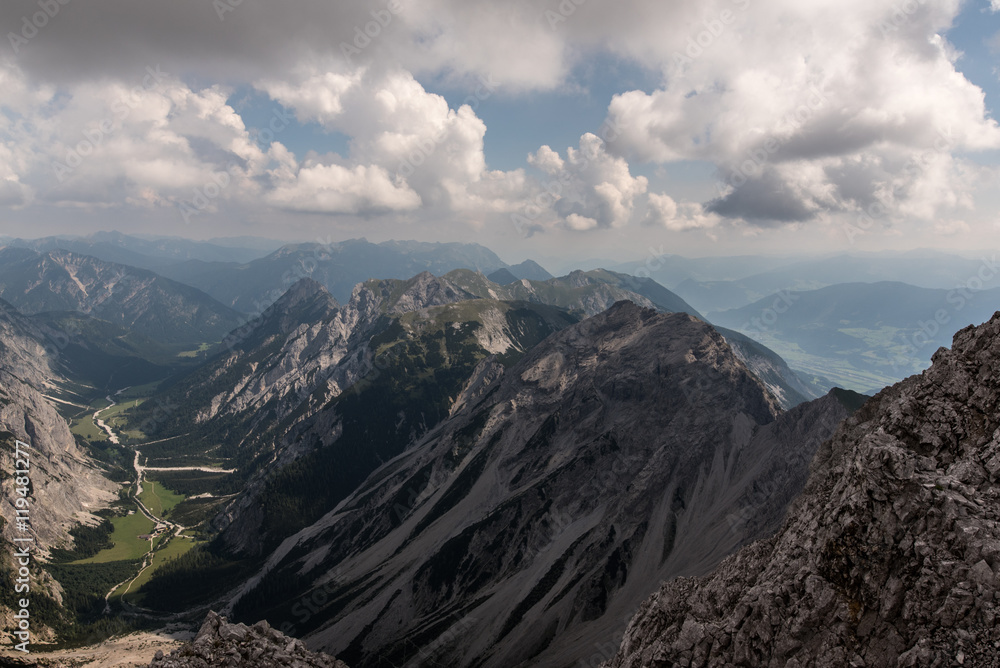 View from Lampsenspitze via Gramai Alm towards the Rofan mountains in Tyrol