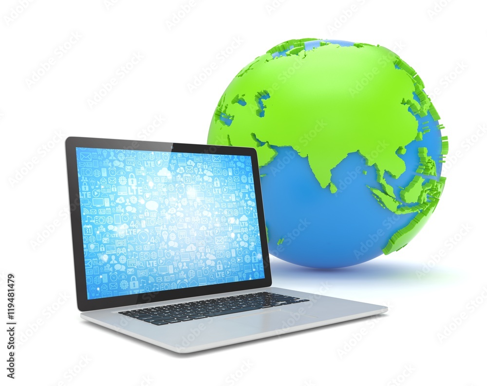 Laptop network and earth globe. 3d render Laptop network and earth globe. 3d render