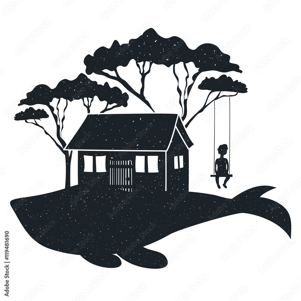 Fototapeta premium Vector hand drawn style typography poster with whale, house, silhouette of a boy on a swing and trees