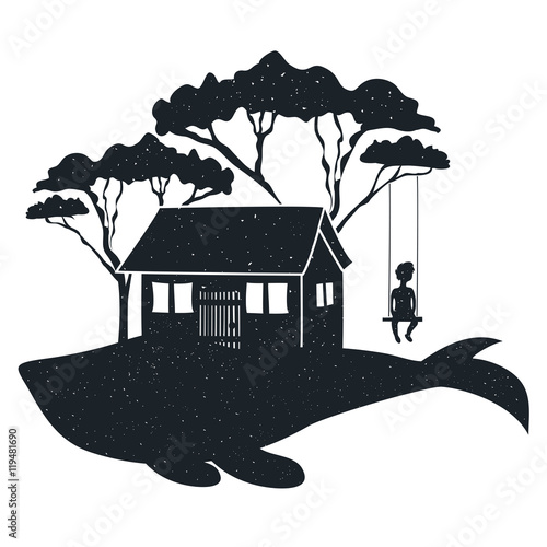 Vector hand drawn style typography poster with whale, house, silhouette of a boy on a swing and trees