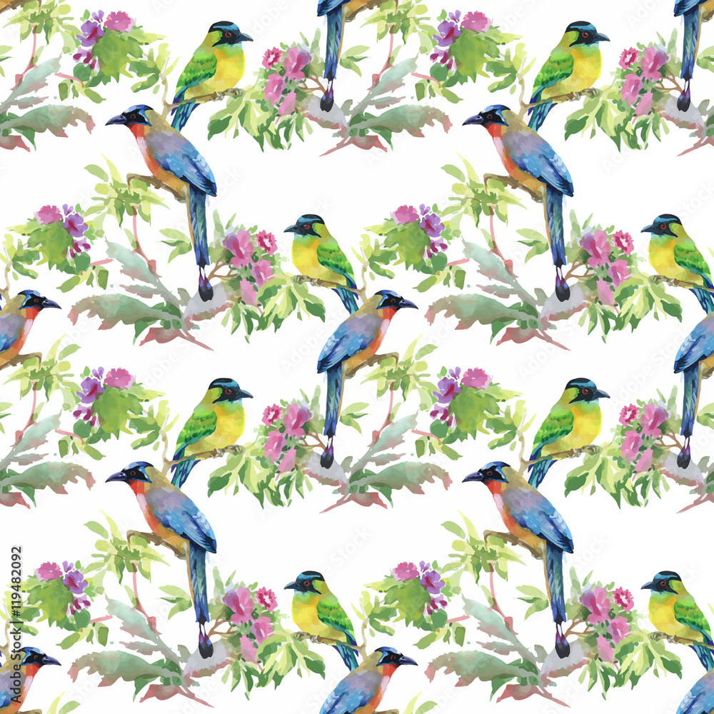 Obraz premium Watercolor hand drawn seamless pattern with tropical summer flowers and exotic birds