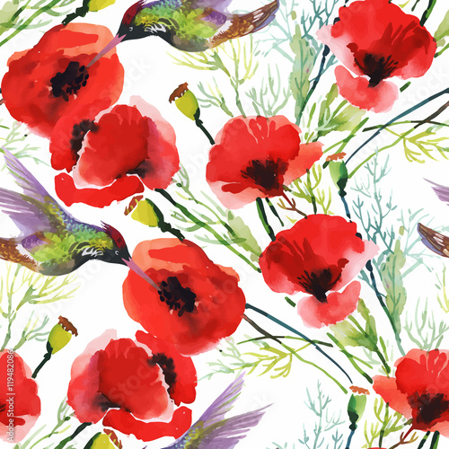 Watercolor hand drawn seamless pattern with tropical summer flowers and exotic birds