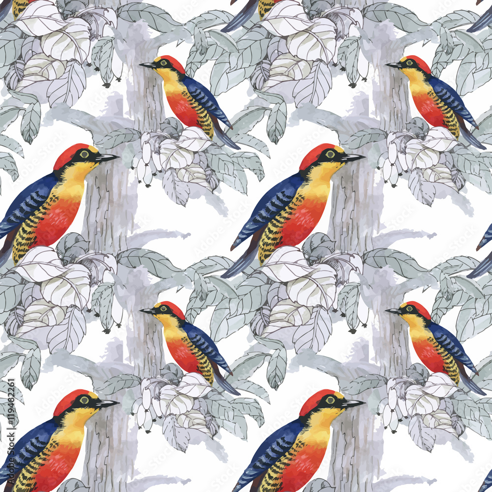 Obraz premium Watercolor hand drawn seamless pattern with tropical summer flowers and exotic birds