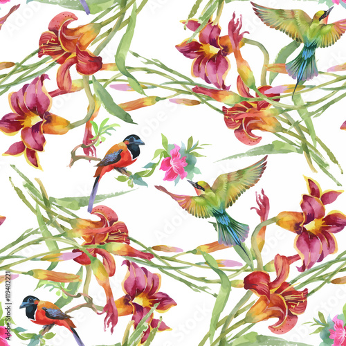 Watercolor hand drawn seamless pattern with tropical summer flowers and exotic birds © kostanproff