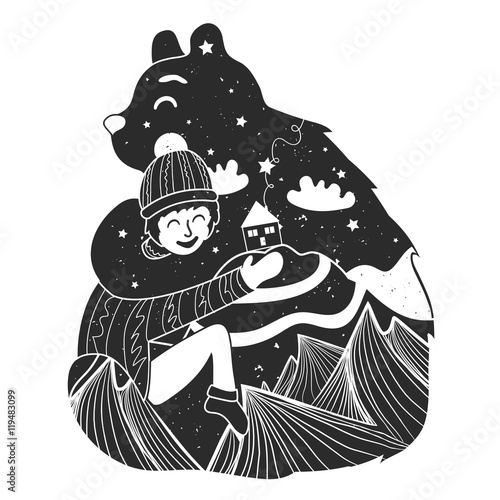 Vector childish illustration with bear and little boy. Typography poster with mountains, house, stars and clouds inside